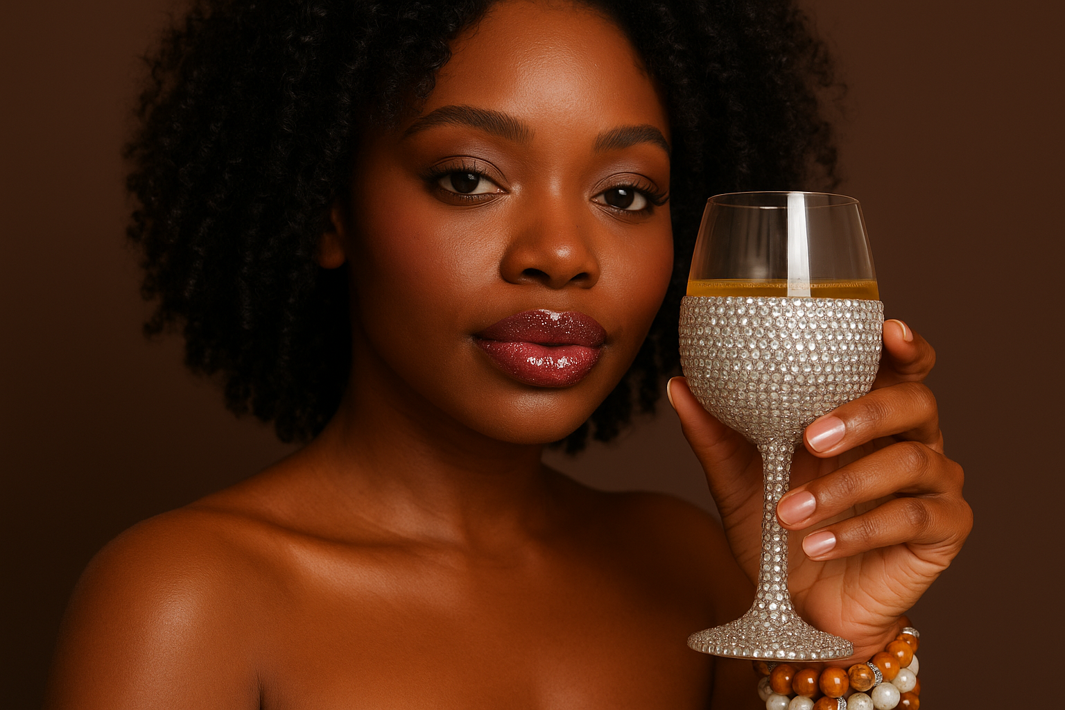 Beautiful African American woman with sparkling glossy lips. Wearing beaded bracelets with rhinestone wine glass in hand